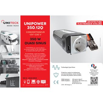 Convertisseur UniPower 12/230V Pur sinus 300VA Uniteck Acontre-courant